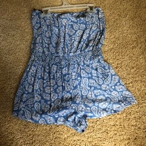 Strapless Blue and White Patterned Romper